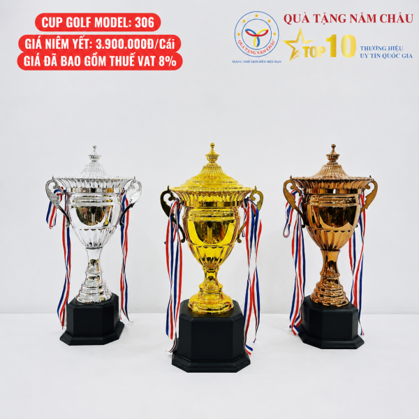 Bộ 3 Cúp Golf Dáng Ly Nắp Tầng, Quai Cong Sang Trọng – Model: 306