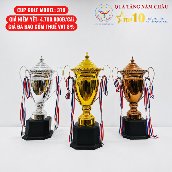 Bộ 3 Cúp Golf Cao Cấp Dáng Tân Cổ Điển – Quai Cong, Nắp Chóp Trang Trí, Đế Gỗ Sang Trọng - Model: 319