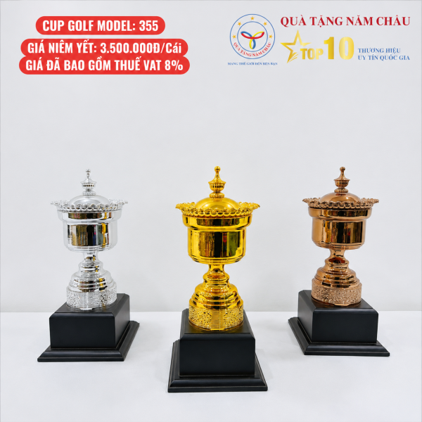 Bộ 3 Cúp Golf Cao Cấp Dáng Bầu Tròn – Nắp Hoa Văn Cầu Kỳ, Đế Gỗ Sang Trọng – Model: 355