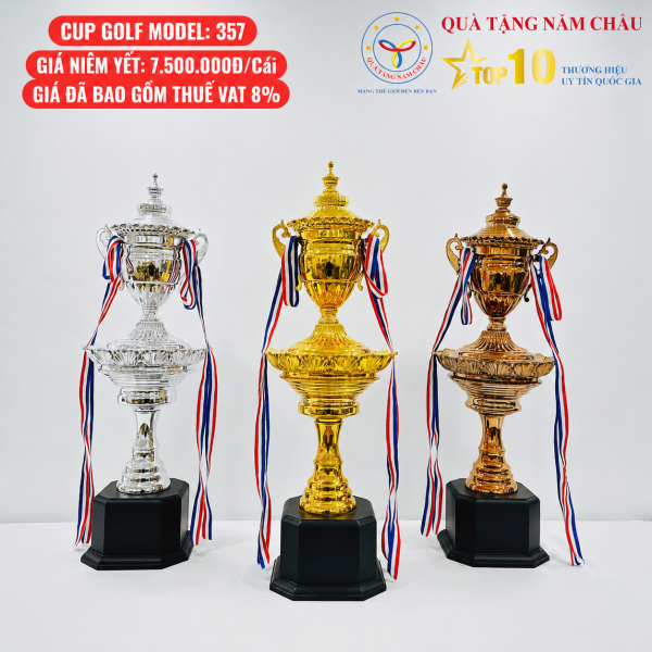 Bộ 3 Cúp Golf Cao Cấp Dáng Tầng Xòe Bề Thế – Quai Cong, Thân Cúp Chạm Khắc Cổ Điển, Đế Gỗ Sang Trọng - Model: 357