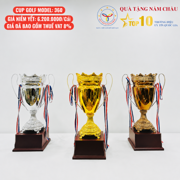 Bộ 3 Cúp Golf Cao Cấp Dáng Vương Miện – Ba Màu Vàng Bạc Đồng, Đế Gỗ Sang Trọng - Model: 360