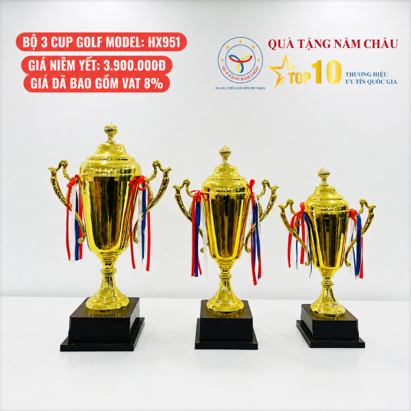 Bộ 3 Cúp Golf Cao Cấp Dáng Cao Thanh Lịch - Hai Quai Cong, Nắp Vương Miện - Model: HX951