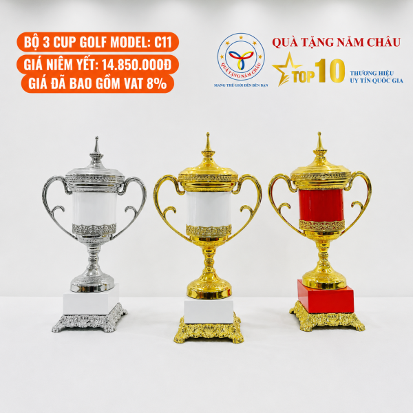 Bộ 3 Cúp Golf Cao Cấp Dáng Bầu Cổ Điển - Hai Quai Cong, Đế Kim Loại Phối Nỉ - Model: CTS-C11