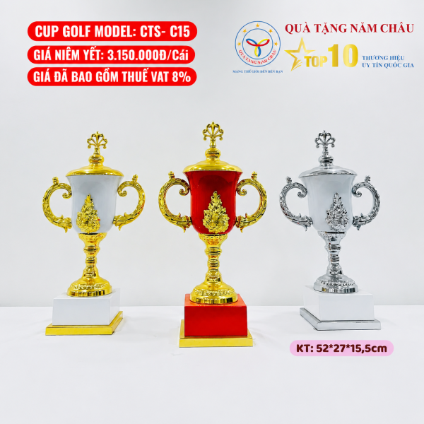 Bộ 3 Cúp Golf Dáng Ly Hai Quai Uốn Lượn - Họa Tiết Vinh Danh Sang Trọng - Model: CTS-C15