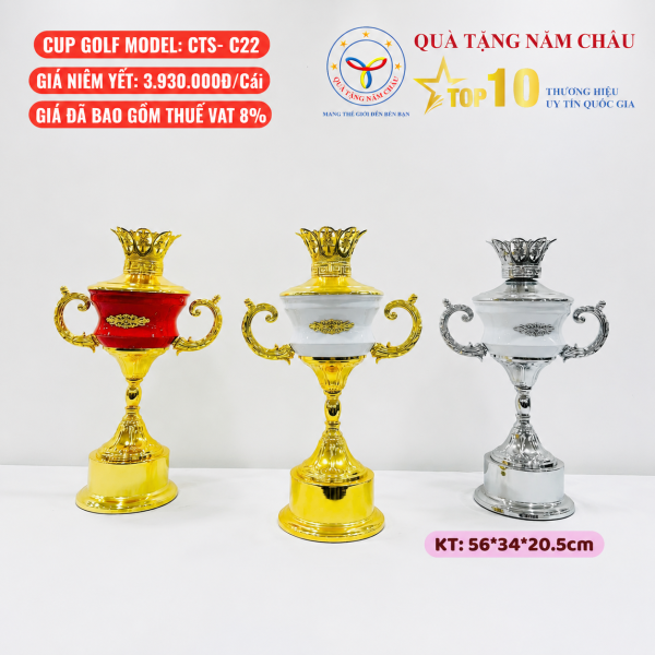 Bộ 3 Cúp Golf Dáng Vương Miện Hoa Văn Cầu Kỳ - Hai Quai Uốn Cong, Thiết Kế Sang Trọng - Model: CTS-C22