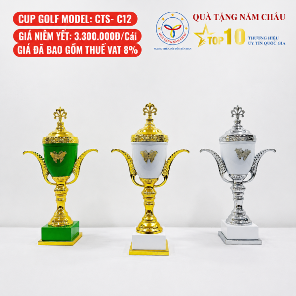 Bộ 3 Cúp Golf Cao Cấp Dáng Hai Quai Cong - Thân Cúp Thanh Lịch, Mạ Màu Sang Trọng - Model: CTS-C12